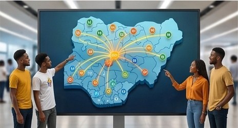Illustration of members reviewing a nationwide chapter map